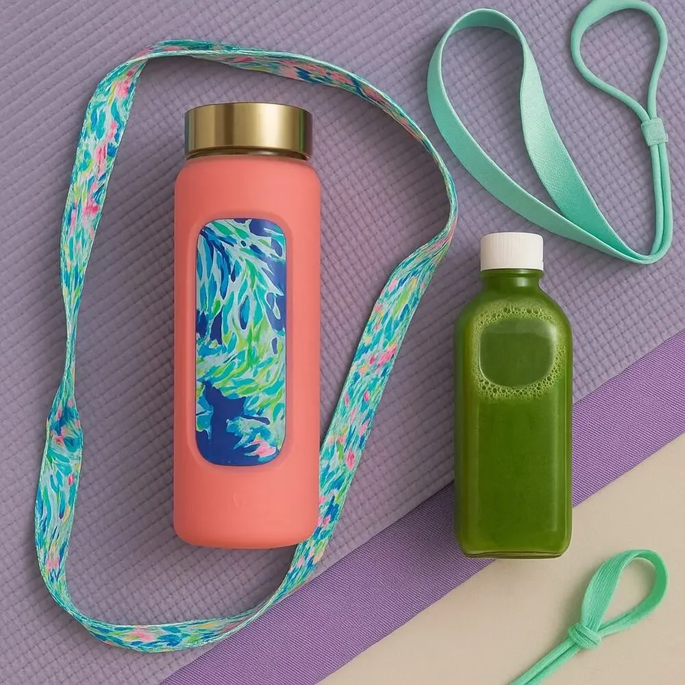 Lilly Pulitzer Eco-Friendly Coral Glass Water Bottle with Silicone Sleeve